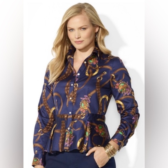 LAUREN RALPH LAUREN Equestrian Print Peplum Blouse in Navy Multi - Picture 1 of 5